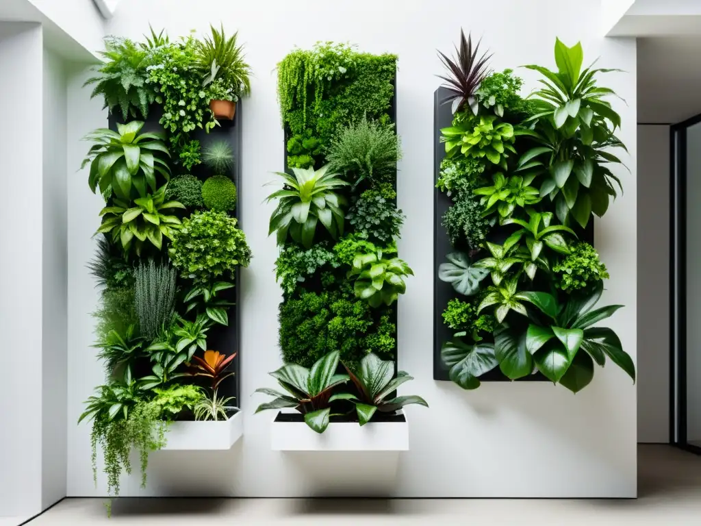 Una exuberante pared de jardín vertical con variedad de plantas verdes en macetas geométricas, contrastando con una pared blanca