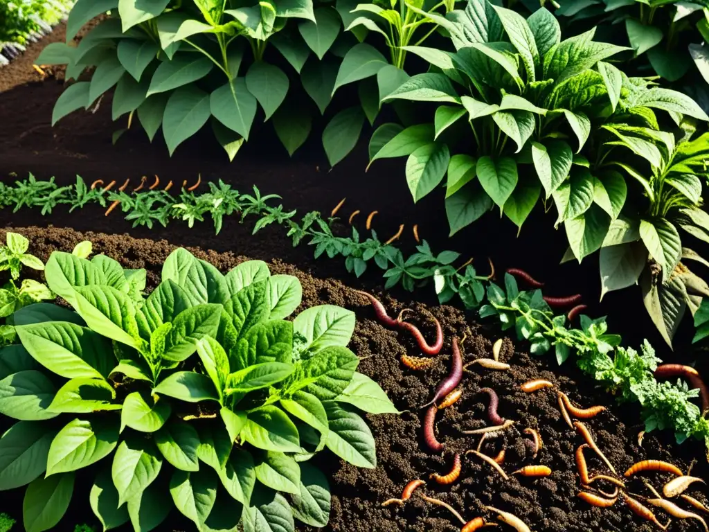 Jardín exuberante con plantas vibrantes y compostaje de restos de poda, abonado y vida microbiana