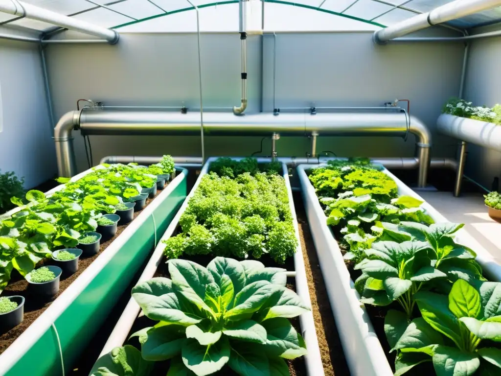 Un exuberante jardín acuapónico rebosante de verduras y hierbas, iluminado por la luz solar