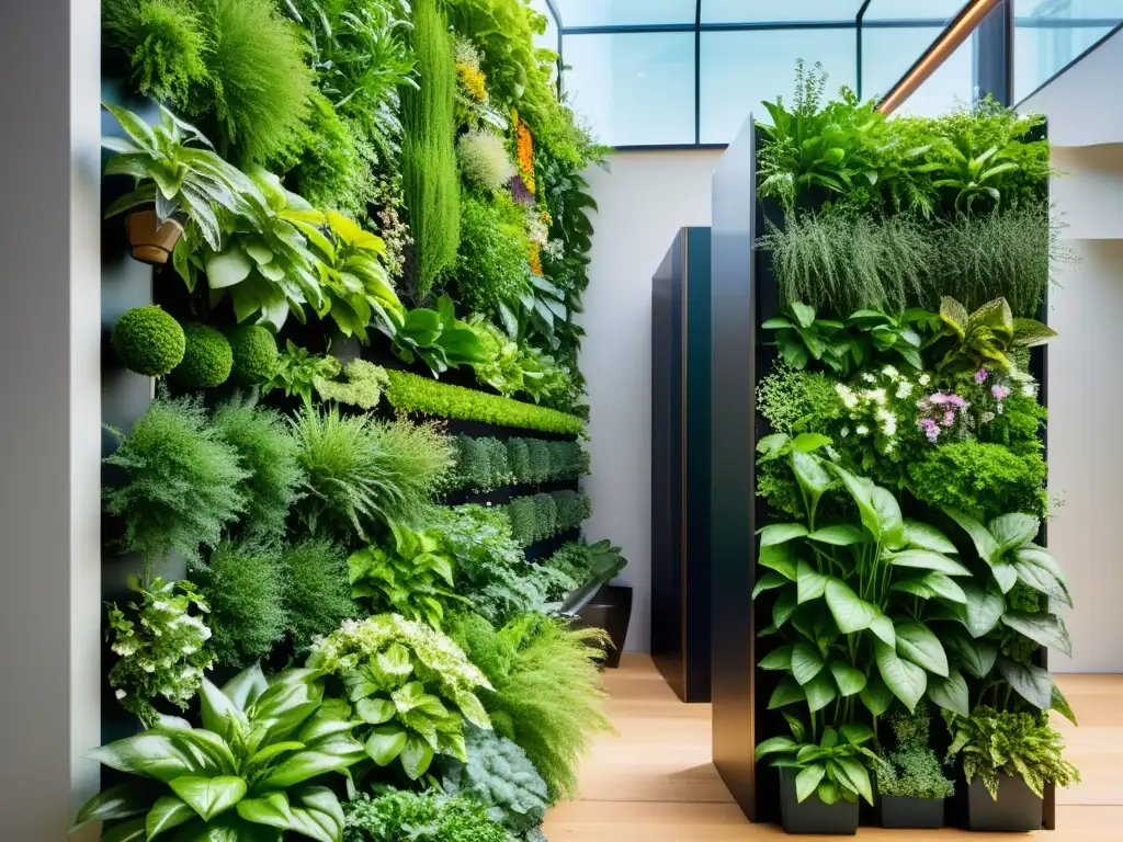 Una exuberante selección de especies vegetales para huertos verticales, iluminada por suave luz natural, en un jardín vertical moderno y detallado