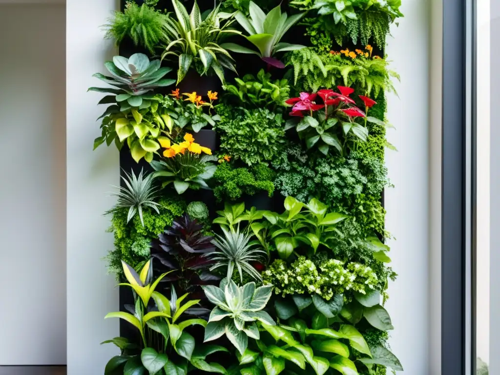 Una exuberante selección de especies vegetales para huertos verticales, con variedad de plantas en un jardín vertical vibrante y moderno