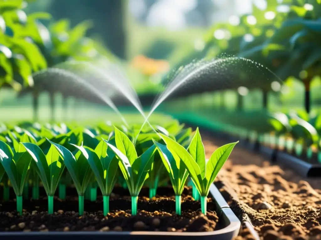 Un jardín exuberante con sistemas de riego inteligente y sensores integrados en el suelo, mostrando eficiencia y tecnología