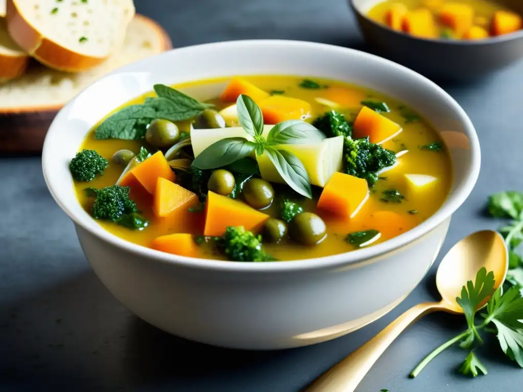 Disfruta de la exuberante sopa de verduras y hierbas, con ingredientes del huerto urbano