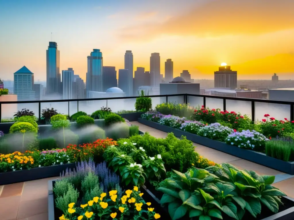 Un jardín exuberante en el techo de la ciudad, rodeado de un sistema de riego por nebulización urbana, creando un ambiente mágico y tecnológico