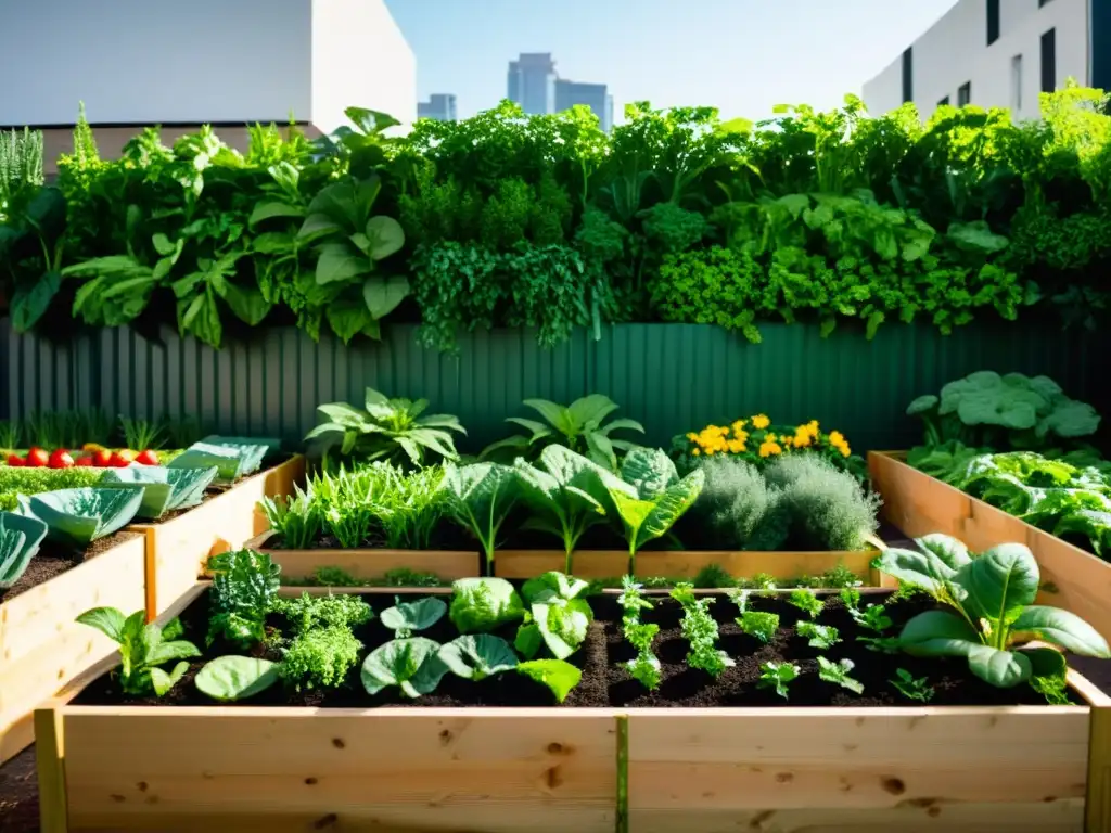 Un exuberante jardín urbano con alimentos funcionales en camas elevadas