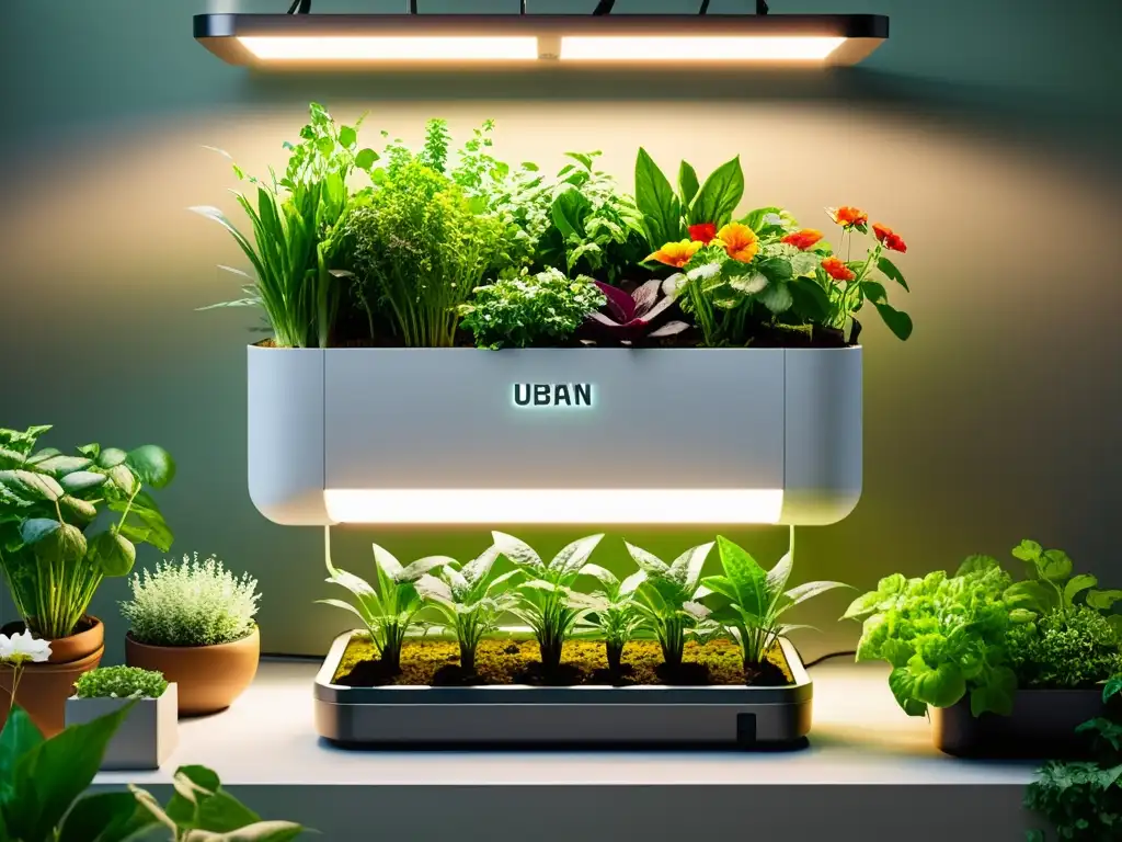 Un exuberante mini jardín urbano automatizado con vegetales, hierbas y flores en perfecta armonía