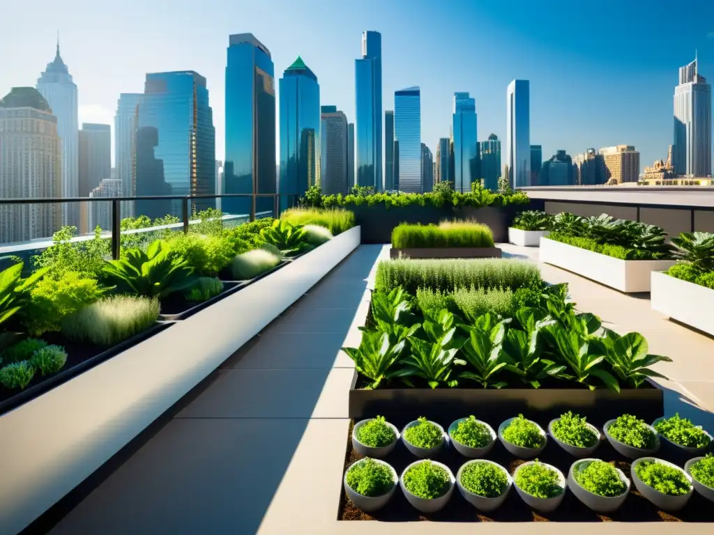 Un exuberante jardín urbano en azotea con plantas en macetas verticales, frente a rascacielos reflectantes