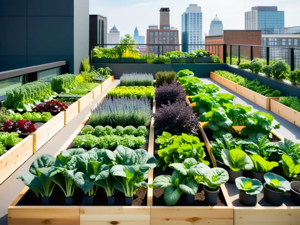 Un exuberante jardín urbano con cultivo de superalimentos en huertos urbanos, lleno de vegetales y frutas vibrantes en filas ordenadas