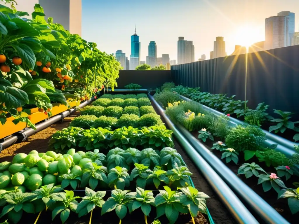 Un exuberante jardín urbano con frutas, verduras y flores, regado por un sofisticado sistema de riego móvil