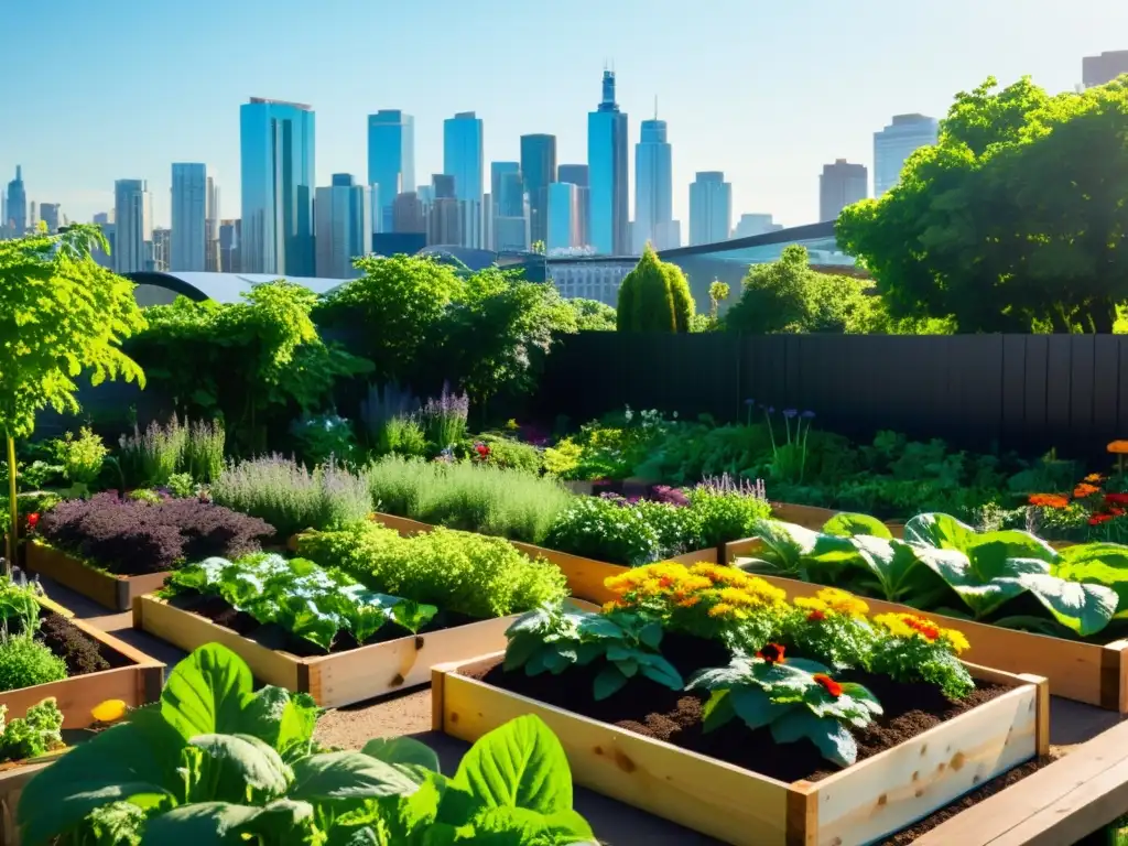 Un exuberante jardín urbano con huertos elevados rebosantes de frutas y verduras vibrantes y saludables