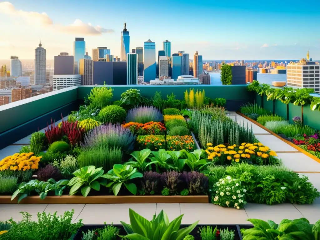 Un exuberante jardín urbano en 8k muestra microclimas en huertos verticales urbanos con plantas, flores y vegetales