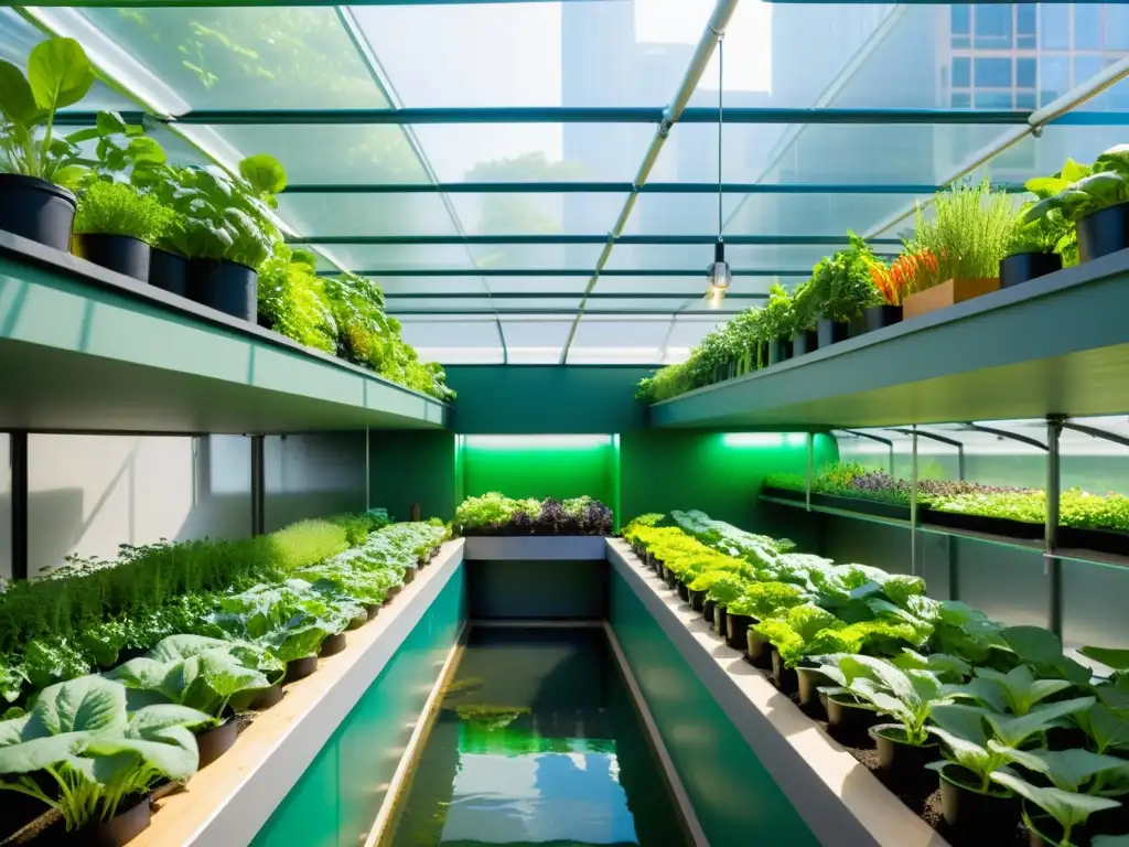 Un exuberante jardín acuapónico urbano con plantas y peces en sinergia nutritiva, en un ambiente moderno y sostenible