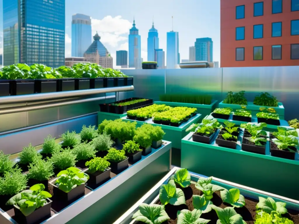 Un exuberante jardín urbano con sistemas acuapónicos, desnutrición urbana huertos acuapónicos en un entorno urbano integrado