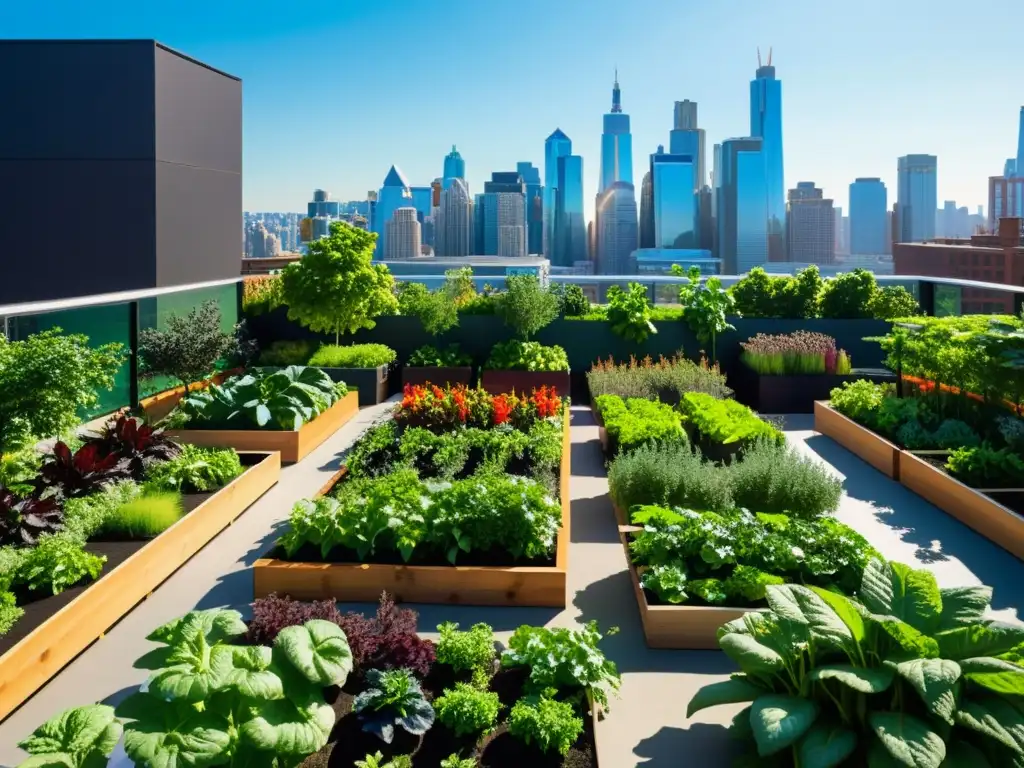 Un exuberante jardín urbano en un tejado, con plantas frondosas y coloridas en distintas etapas de crecimiento