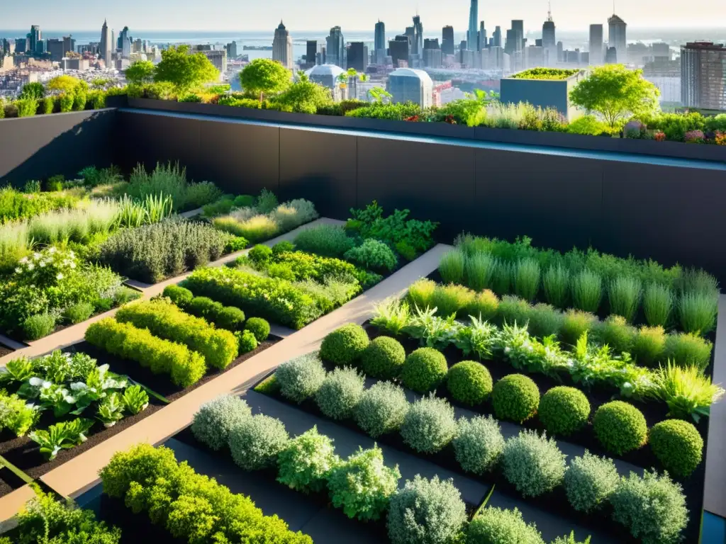 Exuberante jardín urbano en terraza con vista a la ciudad