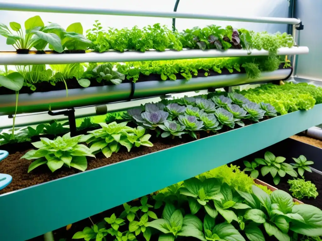 Un exuberante jardín urbano de acuaponía con una variedad de vegetales y hierbas, bañado por la luz solar