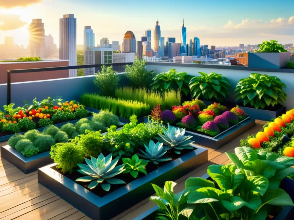 Un exuberante jardín urbano con vegetales coloridos y árboles frutales, rodeado de edificios modernos y personas cuidando las plantas