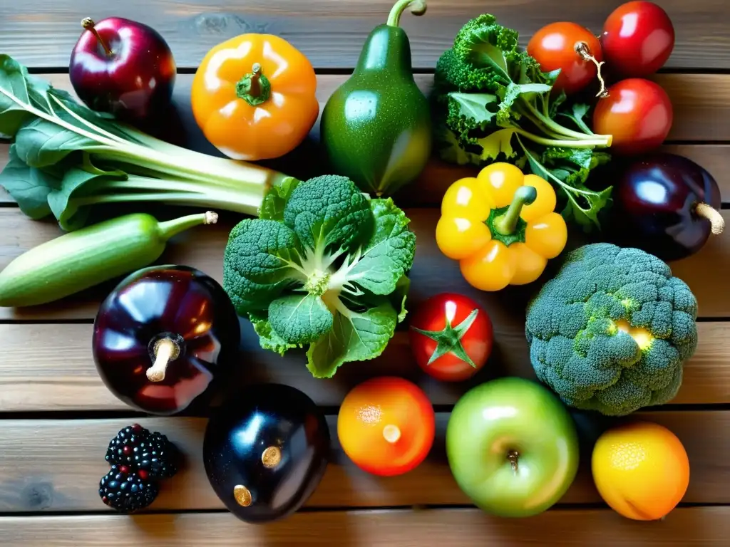 Una exuberante variedad de frutas y verduras orgánicas, frescas y brillantes, dispuestas en una mesa rústica