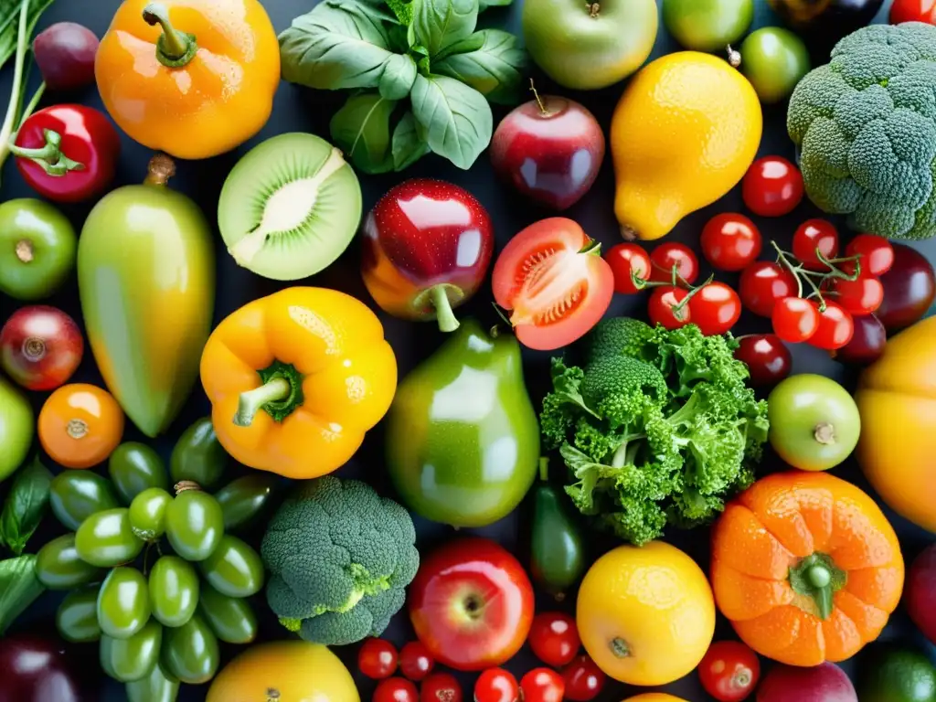 Una exuberante variedad de frutas y verduras orgánicas, brillantes y frescas, dispuestas en un patrón vibrante en una cocina moderna