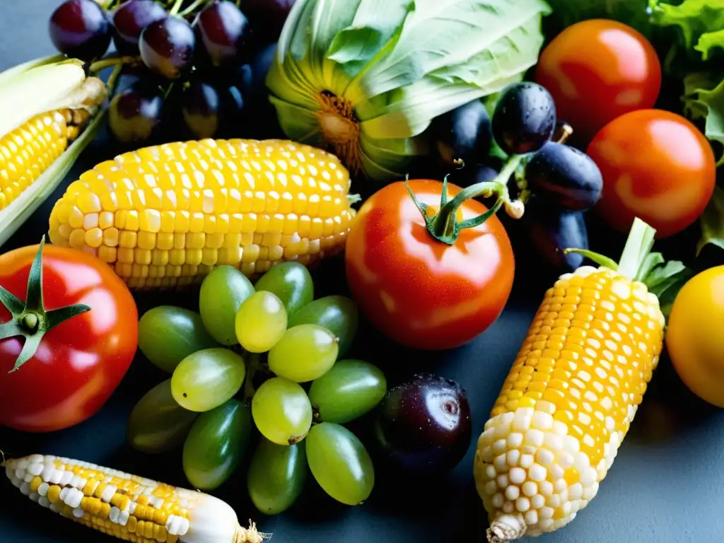 Una exuberante variedad de frutas y verduras orgánicas recién cosechadas, con colores vibrantes y aspecto saludable