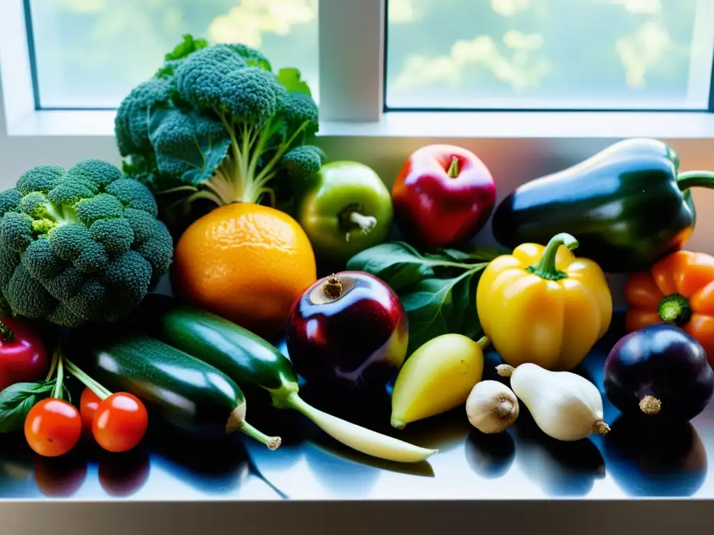 Una exuberante variedad de frutas y verduras recién cosechadas, dispuestas en una encimera de cocina minimalista