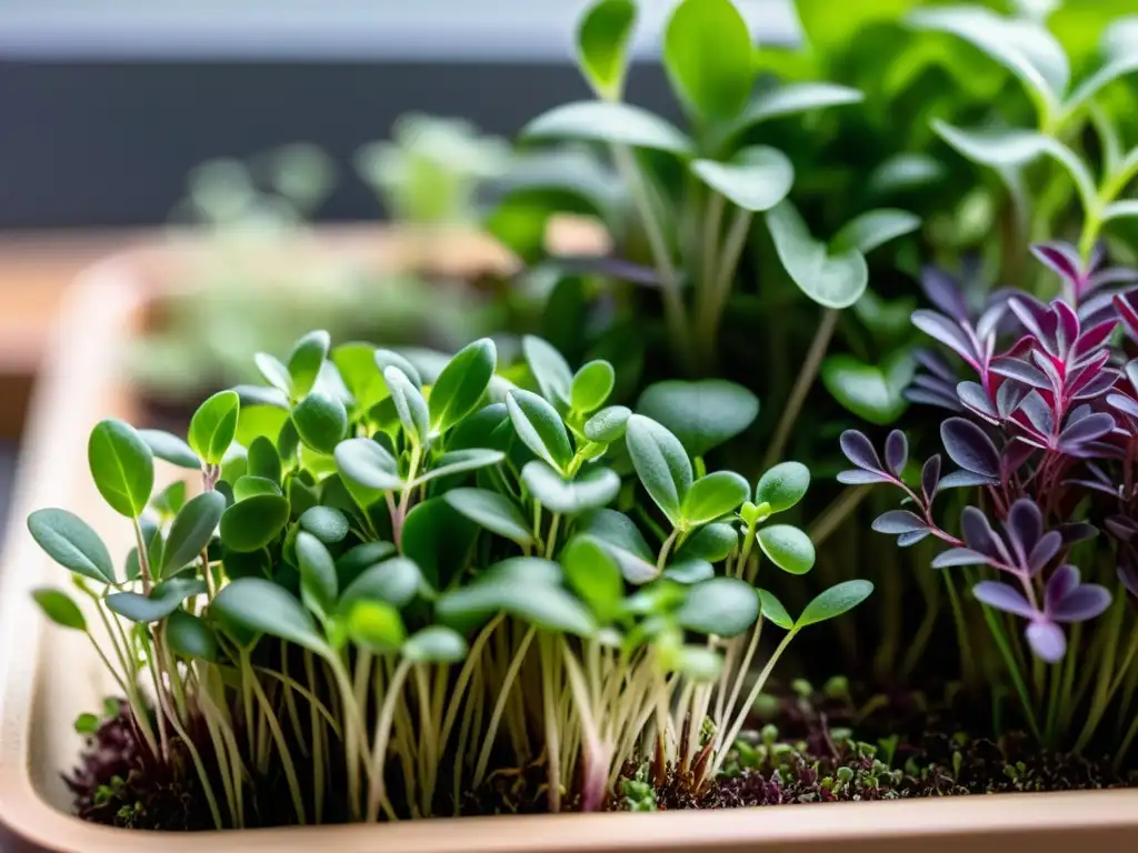 Una exuberante variedad de microgreens en un jardín urbano, resplandeciendo en colores vivos