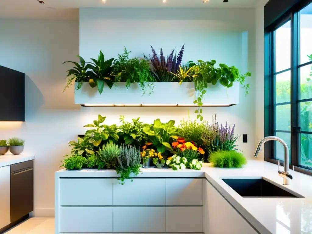 Un exuberante jardín vertical comestible urbano en una cocina moderna, iluminado por la suave luz natural