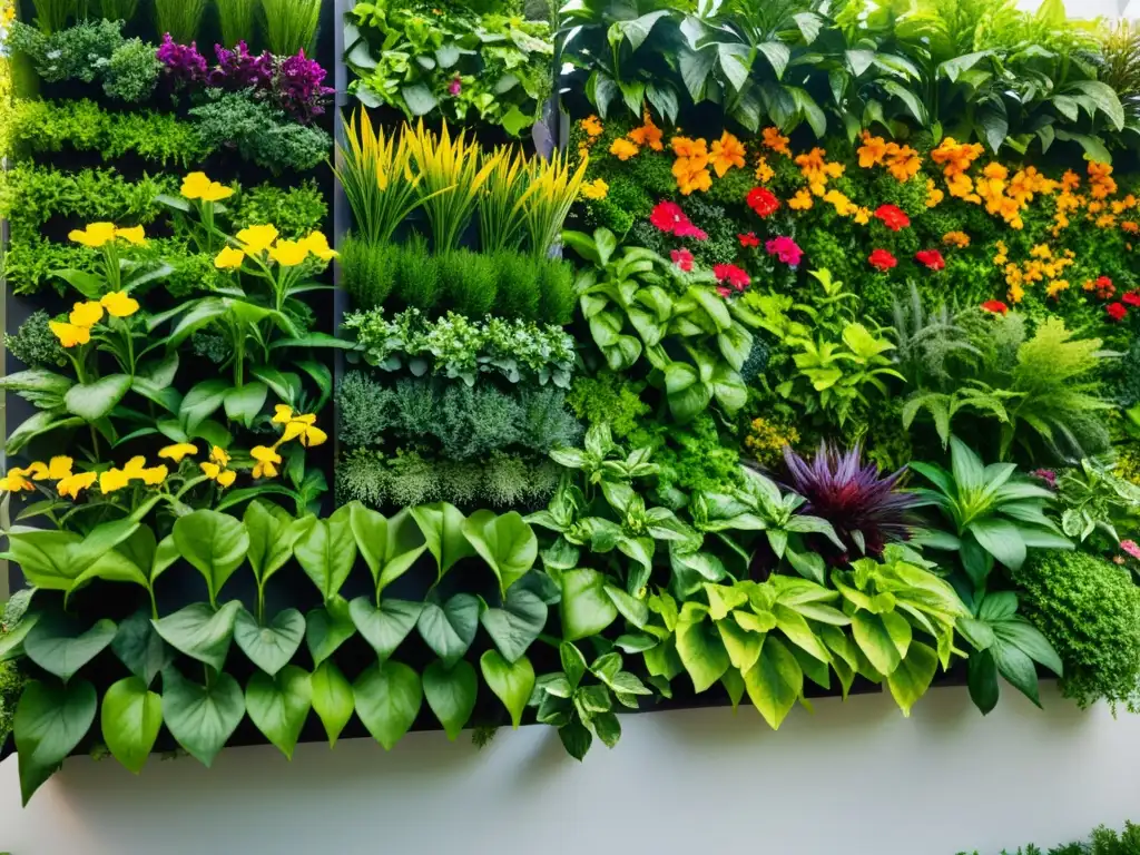 Un exuberante jardín vertical con cultivos de temporada y huertos verticales, bañado por la cálida luz dorada del sol