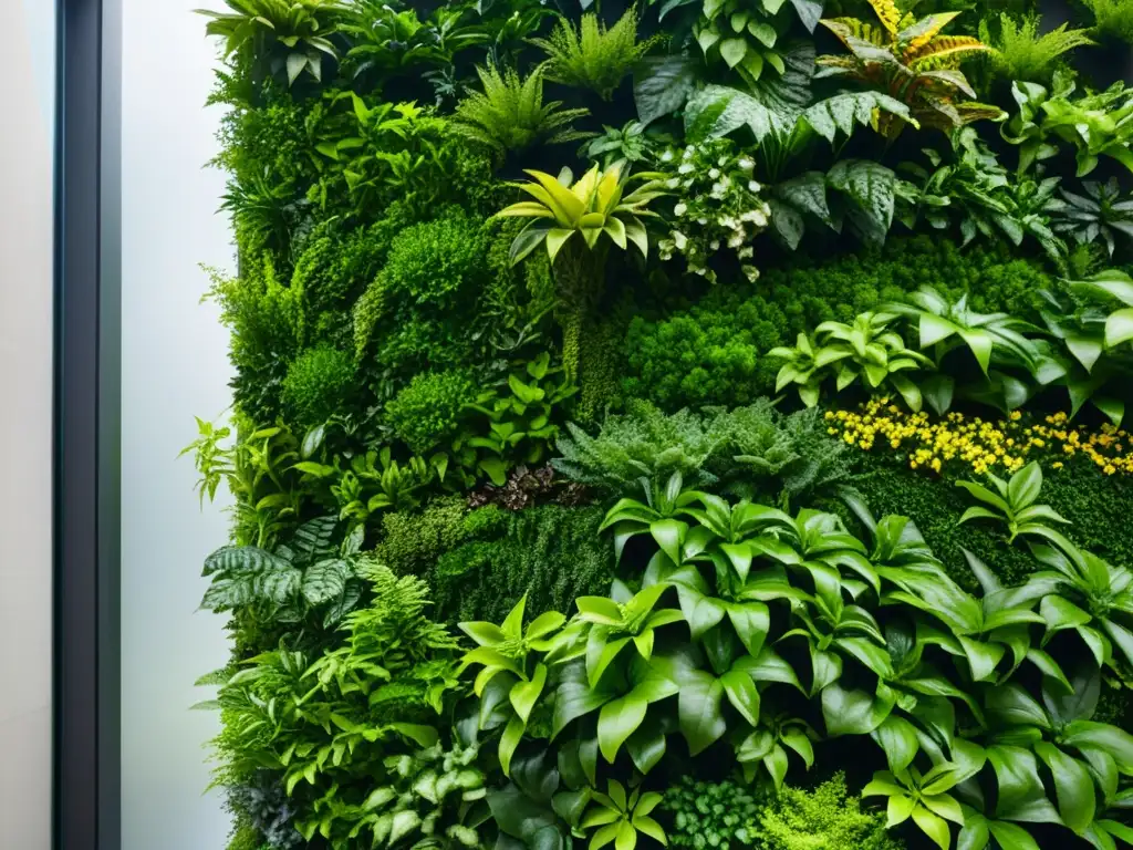 Un exuberante jardín vertical con detalles naturales, creando un control natural en huertos verticales