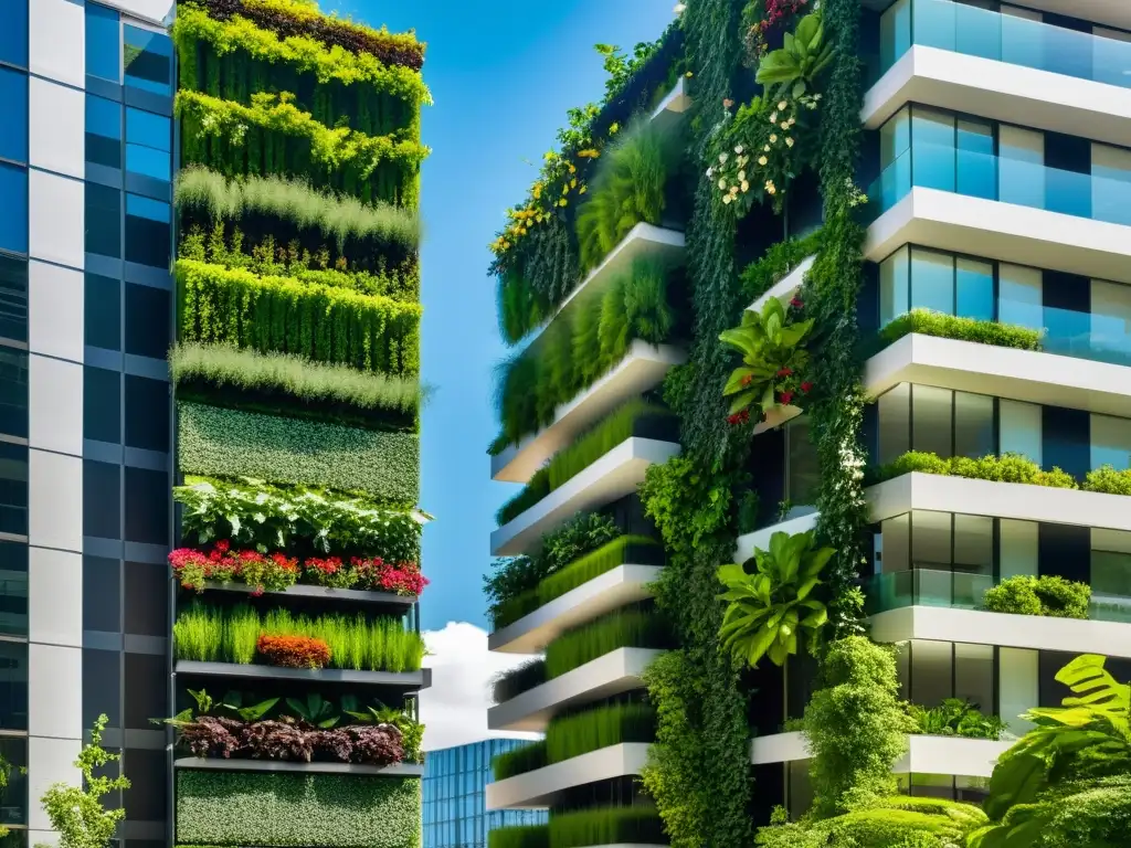 Un exuberante jardín vertical se integra con elegancia en el edificio urbano, mostrando la armonía entre naturaleza y diseño moderno