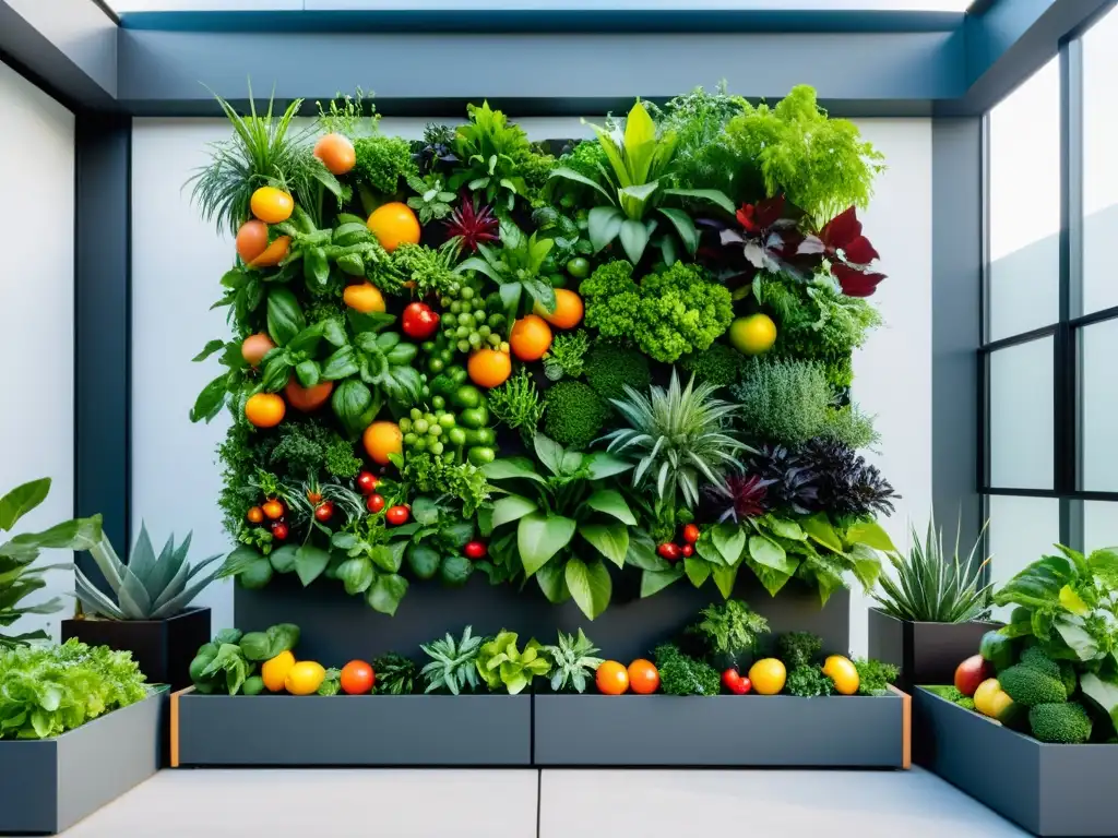 Un exuberante jardín vertical con frutas, verduras y hierbas en modernos maceteros, destacando la presentación artística de cultivos urbanos