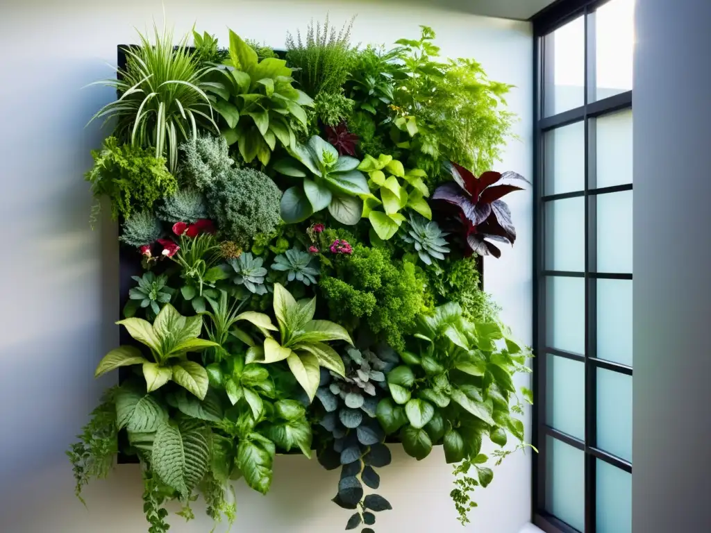 Un exuberante jardín vertical con hierbas, vegetales y flores en un sistema moderno