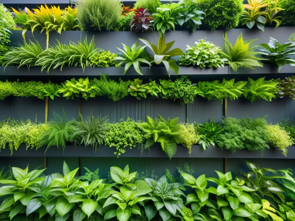 Un exuberante jardín vertical iluminado por una suave luz cálida, creando un ambiente acogedor