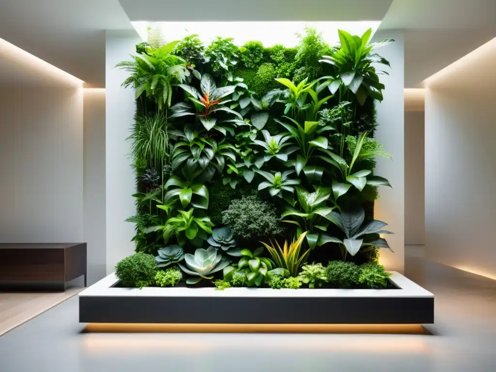 Un exuberante jardín vertical interior de bajo mantenimiento con plantas verdes en un diseño moderno y minimalista