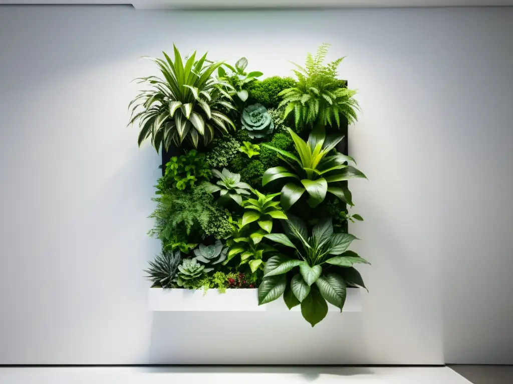 Un exuberante jardín vertical interior con diseño minimalista y plantas vibrantes