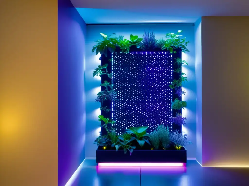 Un exuberante jardín vertical interior iluminado por luces LED, creando una atmósfera única