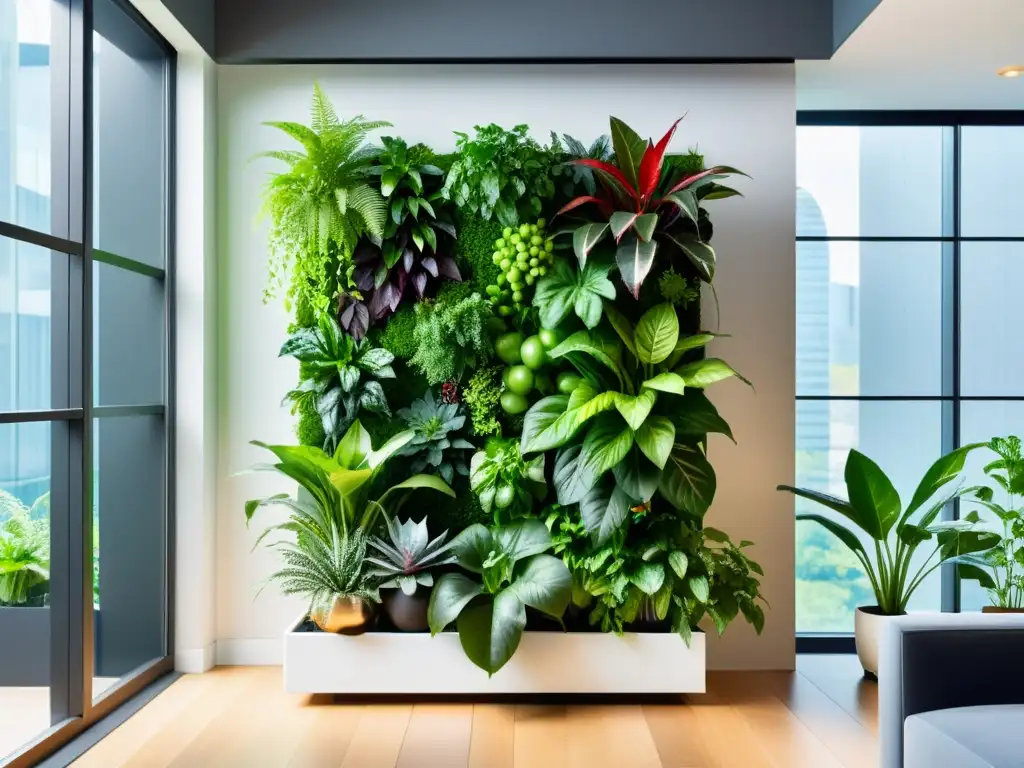 Un exuberante jardín vertical interior con plantas verdes en un sistema minimalista