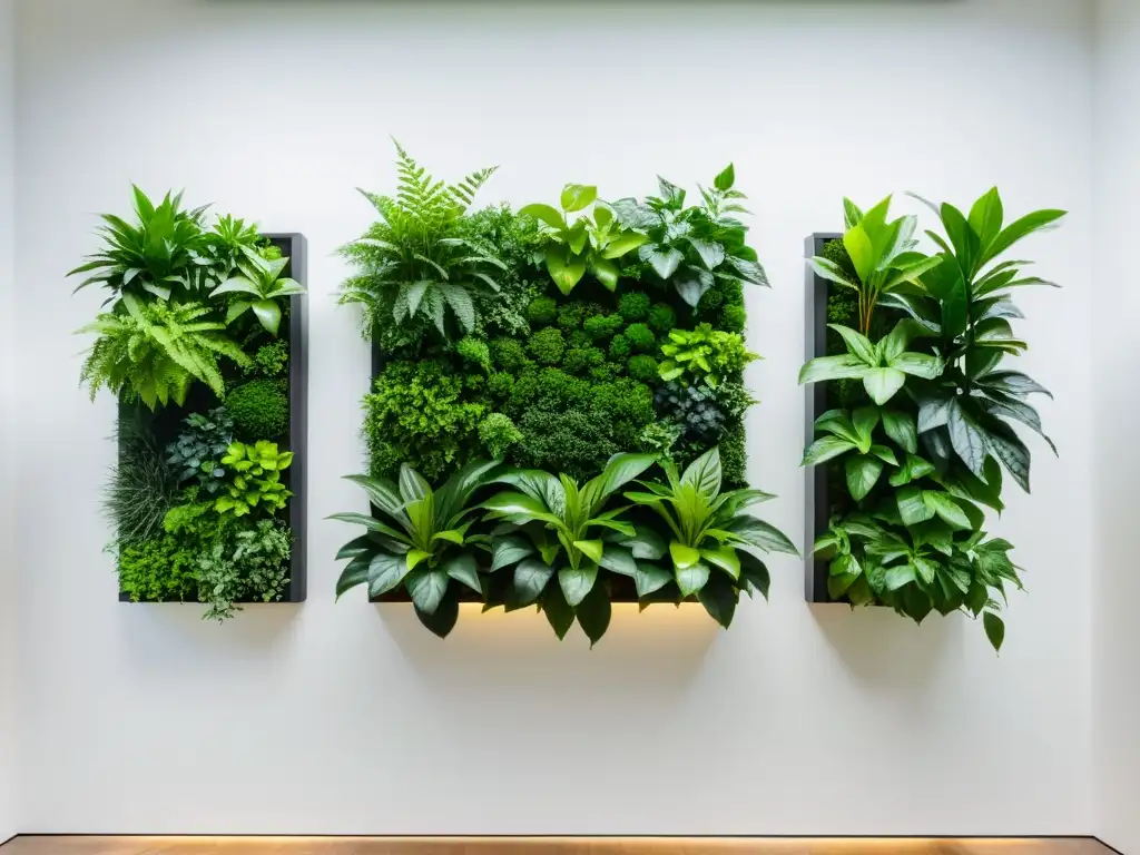 Un exuberante jardín vertical interior con plantas verdes en macetas elegantes