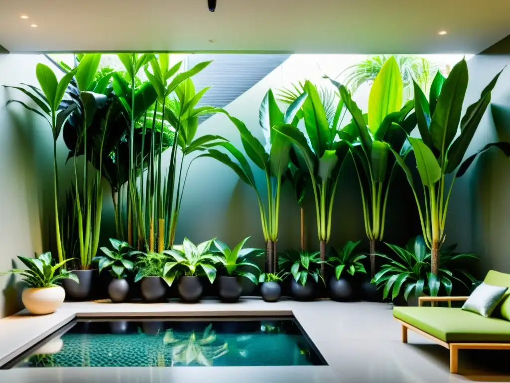 Un exuberante jardín vertical interior con plantas purificadoras meticulosamente mantenidas, creando un ambiente vibrante y refrescante