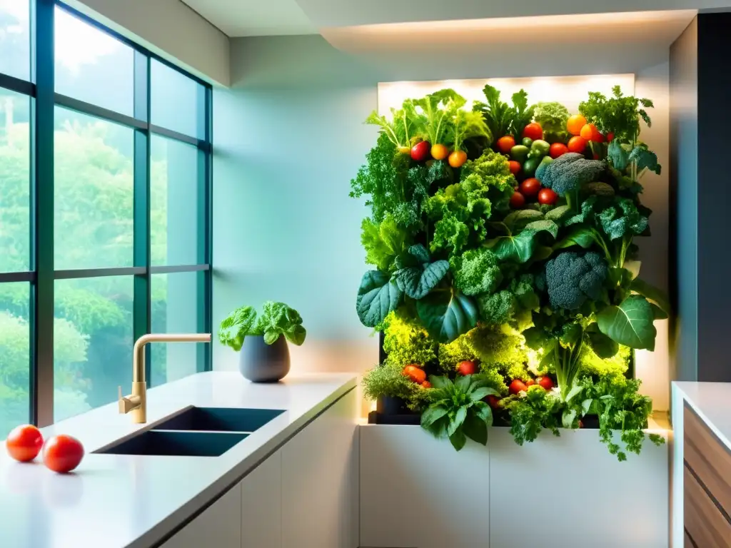 Un exuberante jardín vertical interior con vegetales orgánicos, bañado por luz natural