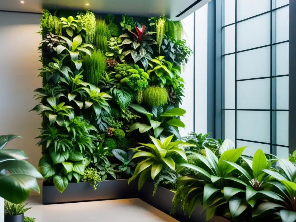 Un exuberante jardín vertical en interiores con consejos para cultivar huertos verticales en interiores