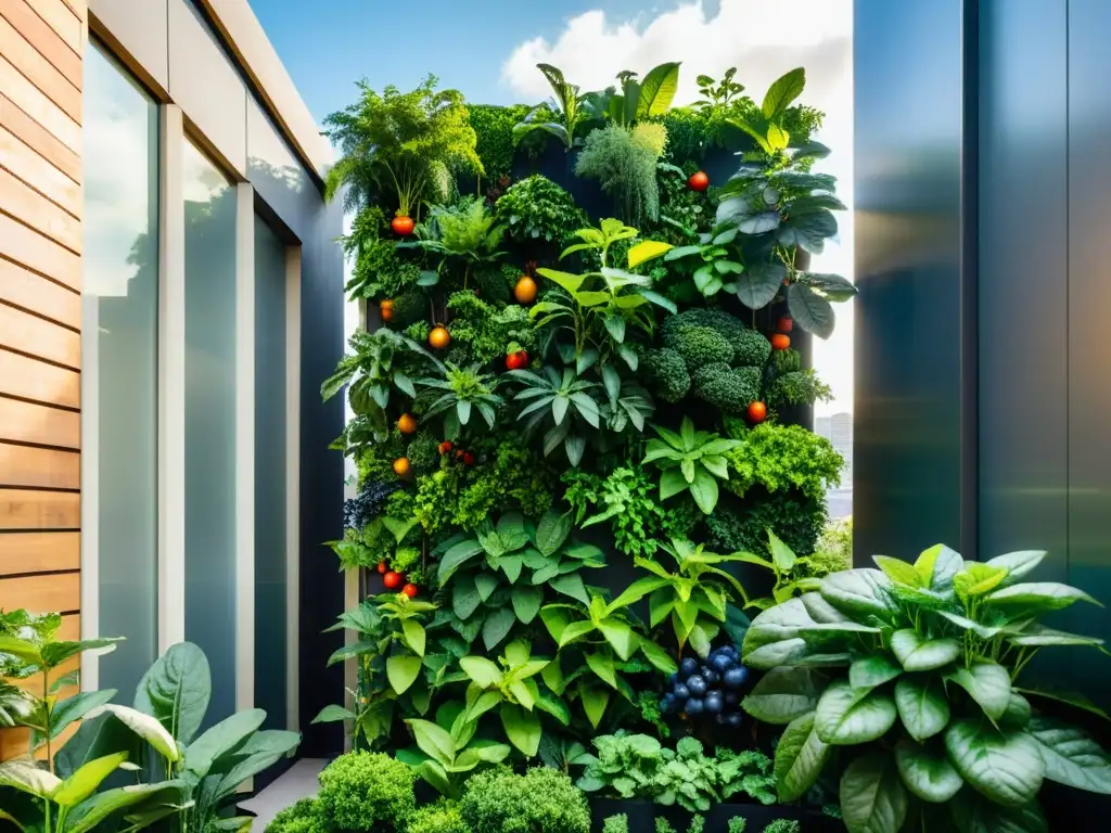 Un exuberante jardín vertical moderno con aguacates, kale, arándanos y tomates