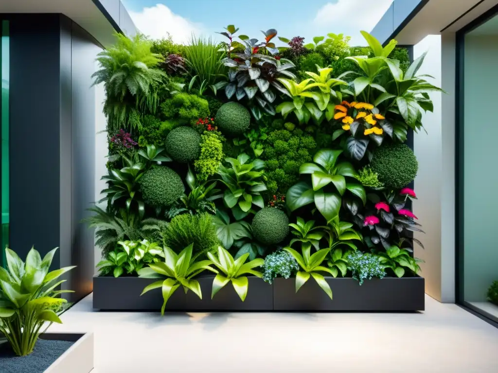 Un exuberante jardín vertical moderno con vegetación exuberante y organizado diseño, contra un fondo contemporáneo limpio