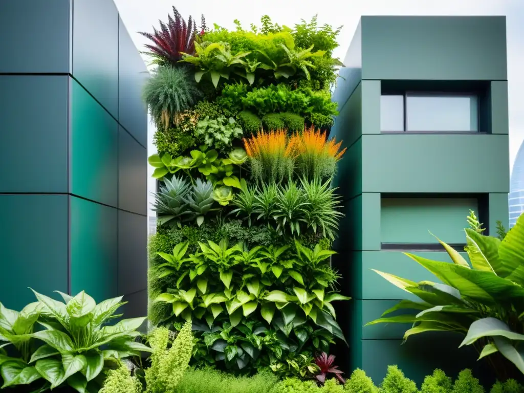 Un exuberante jardín vertical con plantas nativas, reflejando la belleza y biodiversidad de huertos verticales con plantas nativas