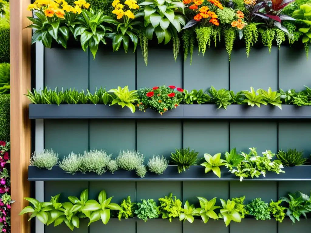 Jardín vertical exuberante: diseño moderno y vida vibrante Un exuberante jardín vertical con plantas saludables y flores vibrantes, muestra cómo combatir las plagas comunes en huertos verticales