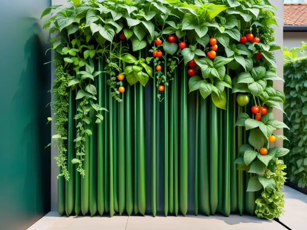 Un exuberante jardín vertical con plantas saludables y vibrantes, como judías verdes, tomates cherry y gloria de la mañana