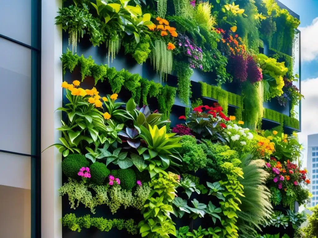 Un exuberante jardín vertical con plantas de diversos tipos y flores coloridas, bañado por la luz del sol