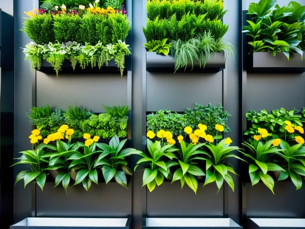 Un exuberante jardín vertical con plantas verdes vibrantes en paneles de metal negro texturizado