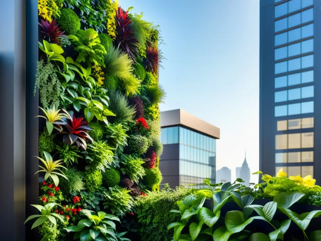 Exuberante jardín vertical con plantas vibrantes y saludables, destacando el uso de fertilizantes ideales para huertos verticales