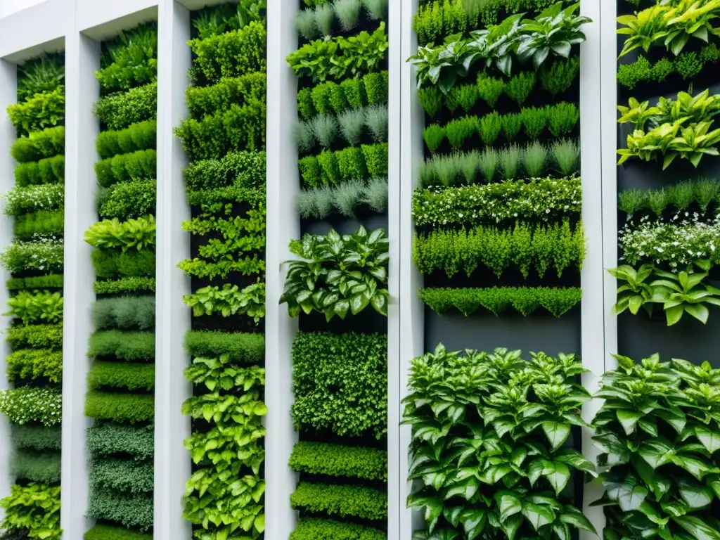 Un exuberante jardín vertical con plantas vibrantes y saludables contra un edificio moderno